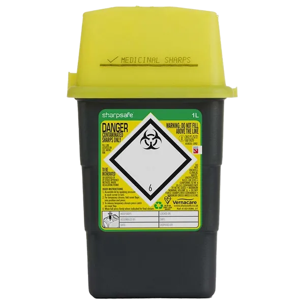 Sharpsafe® 1L Grey Sharps Bin - Yellow Lid