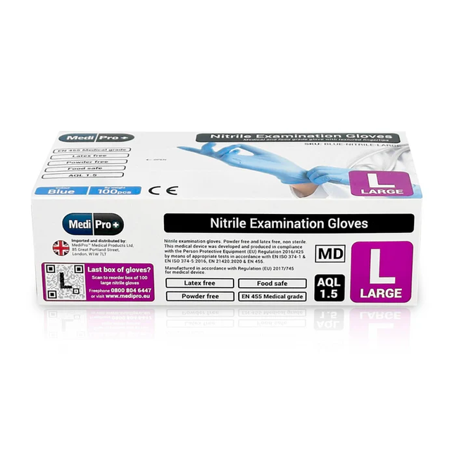 Blue Nitrile Gloves Medical Grade Cat III PPE Large (Box of 100)