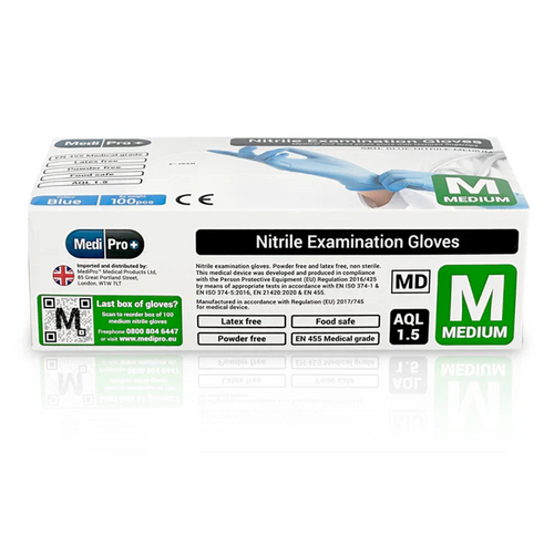 Blue Nitrile Gloves Medical Grade Cat III PPE Medium (Box of 100)